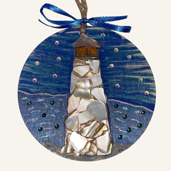 Blue and White Lighthouse Ornament - Picture 2 of 5
